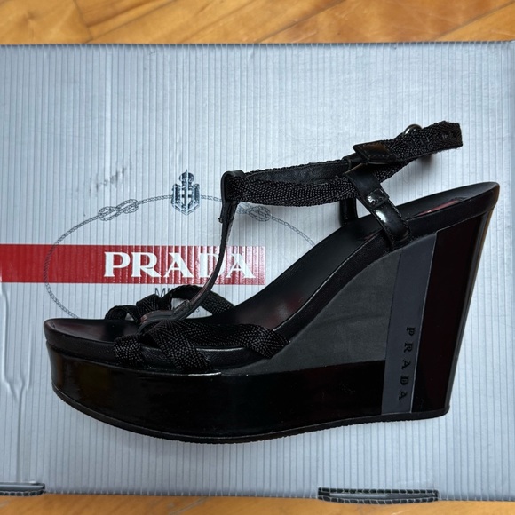Prada Black Strappy Wedge Sandals - Picture 2 of 5